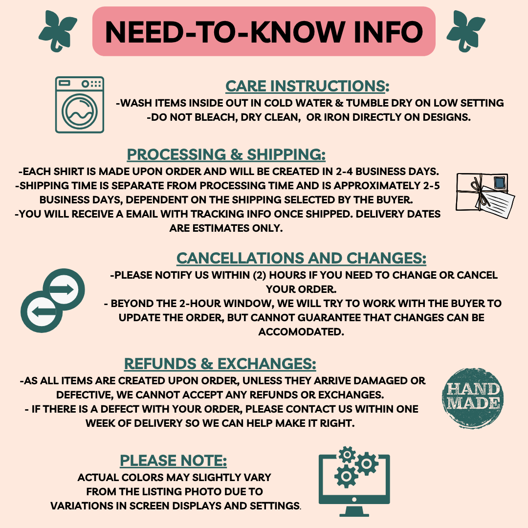 Informational graphic with care instructions, processing and shipping details, cancellations and changes policy, refunds and exchanges policy, and a 'Hand Made' label.