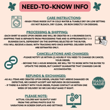 Informational graphic with care instructions, processing and shipping details, cancellations and changes policy, refunds and exchanges policy, and a 'Hand Made' label.