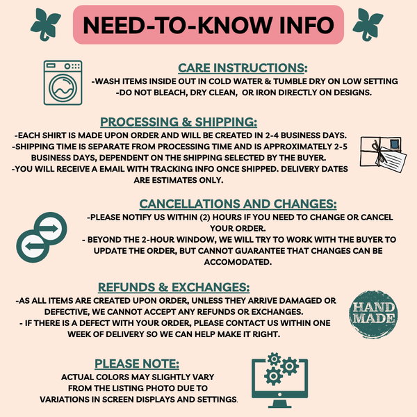 Informational graphic with care instructions, processing and shipping details, cancellations and changes policy, refunds and exchanges policy, and a 'Hand Made' label.