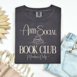 Dark gray t-shirt with 'Anti-Social Book Club Members Only' text on a white background