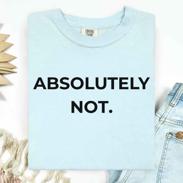 Light blue sweatshirt with 'ABSOLUTELY NOT.' text on a white background