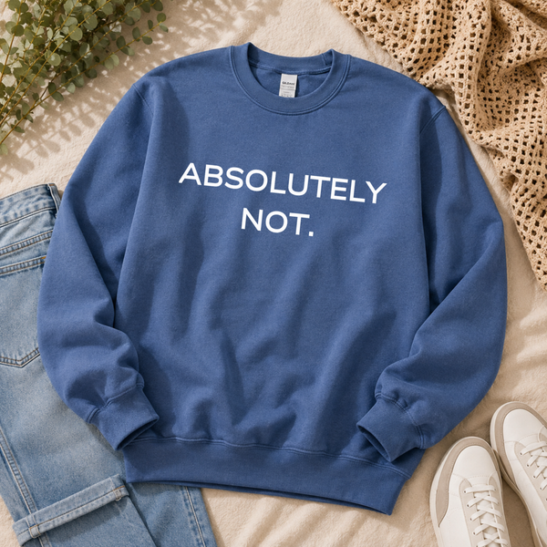A blue crewneck sweatshirt with the text 'ABSOLUTELY NOT.' printed in white across the chest, styled in a flat lay with light-wash jeans, white sneakers, a beige woven blanket, and green foliage on a light beige background.