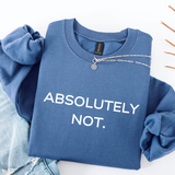 A folded Blue sweatshirt  with jeans with 'ABSOLUTELY NOT.' text on a white background