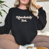Person wearing a black sweatshirt with 'Absolutely Not.' text, sitting on a couch.