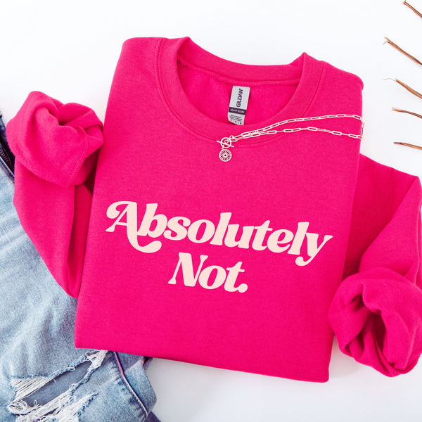 Pink sweatshirt with 'Absolutely Not' text on a white background