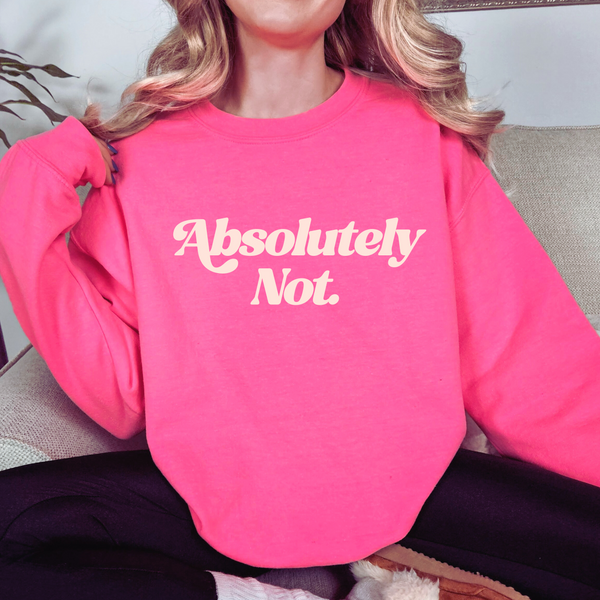 Person wearing a pink sweatshirt with 'Absolutely Not.' text.
