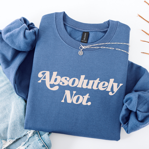 Blue sweatshirt with 'Absolutely Not' text on a white background