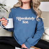 Person wearing a blue sweatshirt with 'Absolutely Not.' text, holding a white mug.
