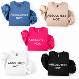 Five folded long-sleeve sweatshirts with the text 'ABSOLUTELY NOT.' printed across the chest, shown in blue, beige, pink, white, and black.