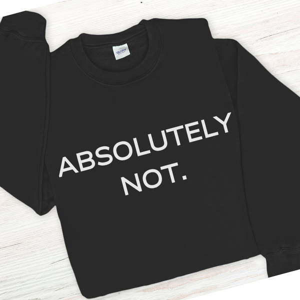 Black sweatshirt with 'ABSOLUTELY NOT.' text on a white background