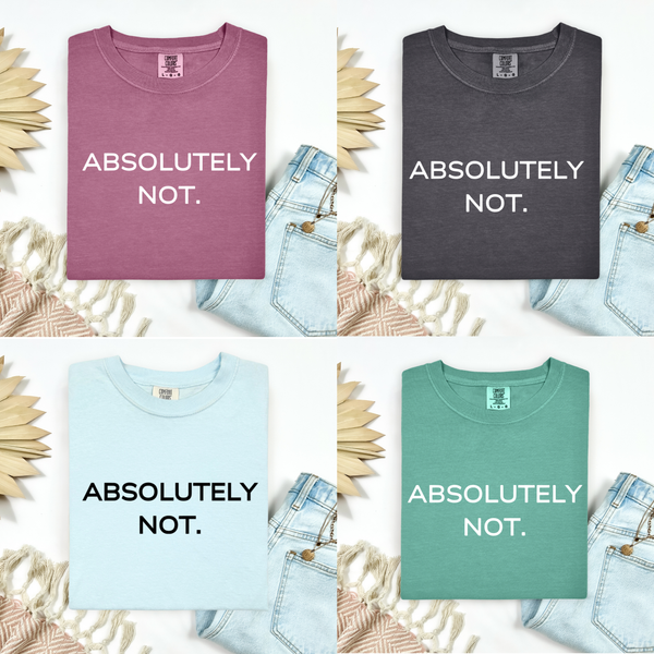 Four folded graphic T-shirts arranged in a 2x2 grid with denim jeans and decorative dried flowers around them. The shirts are in dusty pink, charcoal gray, light blue, and mint green, each printed with the text 'ABSOLUTELY NOT.