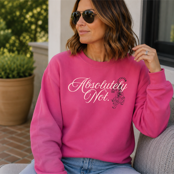 A woman wearing a bright pink crewneck sweatshirt with the text 'Absolutely Not.' in white script and a small black graphic, sitting outdoors on a gray chair.