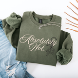 An olive green crewneck sweatshirt with rolled sleeves, featuring the text 'Absolutely Not.' in white script and a black tiger graphic.