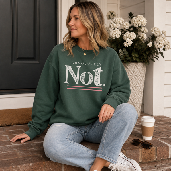 A woman sits on a brick porch wearing a dark green crewneck sweatshirt with the text 'ABSOLUTELY Not.' printed in white and thin pink lines.
