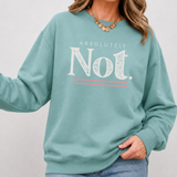 A woman wearing a mint green sweatshirt with a distressed white graphic that reads 'ABSOLUTELY Not.' and two thin pink horizontal lines, paired with blue jeans and a gold coin necklace against a light gray background.