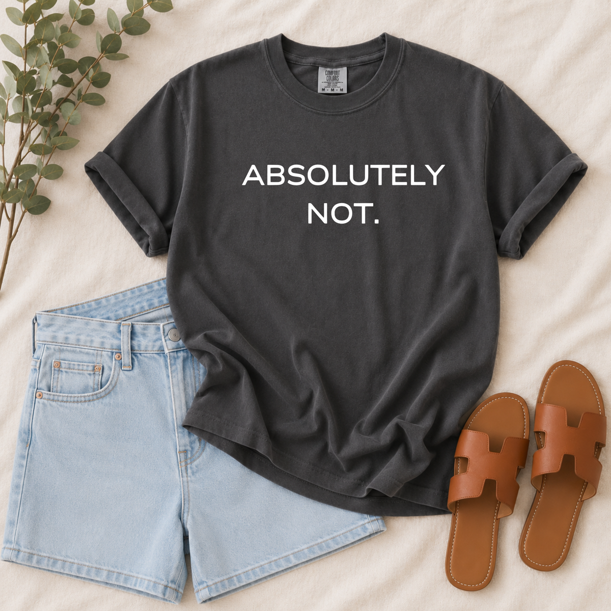 A dark charcoal gray graphic t-shirt with the text 'ABSOLUTELY NOT.' in white, styled in a flat lay with light blue denim shorts, brown leather slide sandals, and green eucalyptus leaves on a beige fabric background.