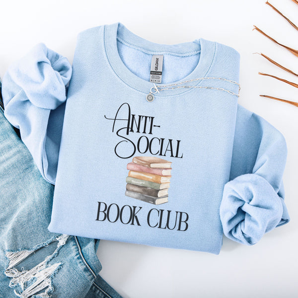 Light blue sweatshirt with 'Anti-Social Book Club' text and book graphic on a white background