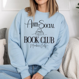 Person wearing a light blue sweatshirt with 'Anti-Social Book Club Members Only' text.