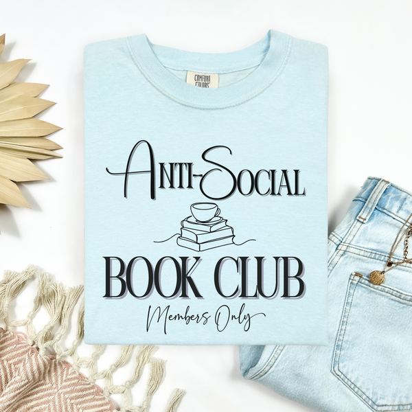 Light blue t-shirt with 'Anti-Social Book Club Members Only' text on a white background