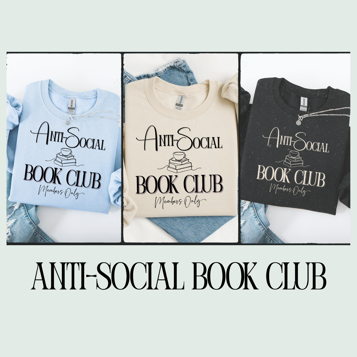 Three shirts with 'Anti-Social Book Club' text on a light gray background