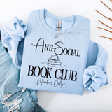 Light blue sweatshirt with 'Anti-Social Book Club Members Only' text on a white background