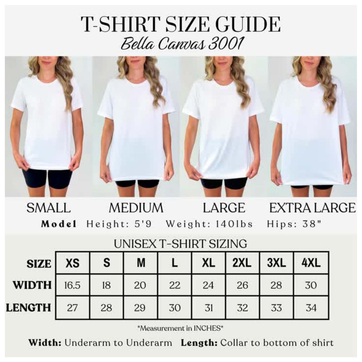 T-shirt size guide for Bella Canvas 3001 t-shirts with models wearing the shirts.