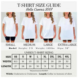 T-shirt size guide for Bella Canvas 3001 t-shirts with models wearing the shirts.