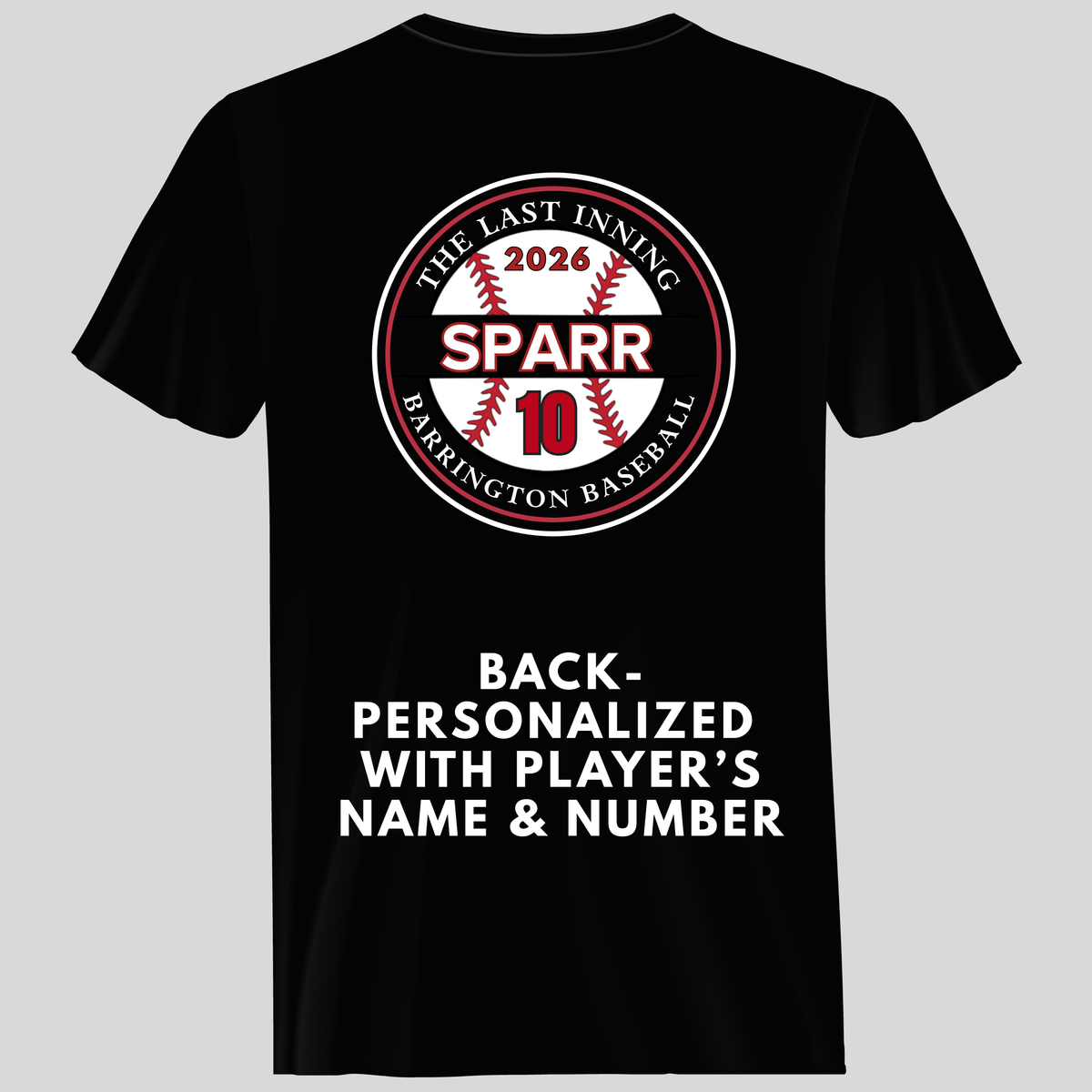 Black t-shirt with baseball design and text on a gray background