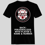 Black t-shirt with baseball design and text on a gray background