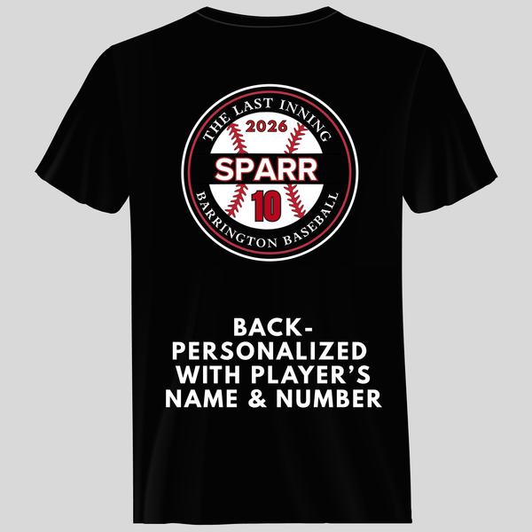 Black t-shirt with baseball design and text on a gray background