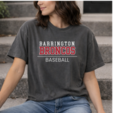 Person wearing a dark gray t-shirt with 'Barrington Broncos Baseball' text.