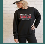 Person wearing a black sweatshirt with 'Barrington Broncos Baseball' text against a brick wall.