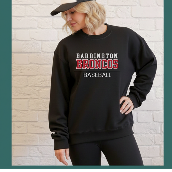 Person wearing a black sweatshirt with 'Barrington Broncos Baseball' text against a brick wall.