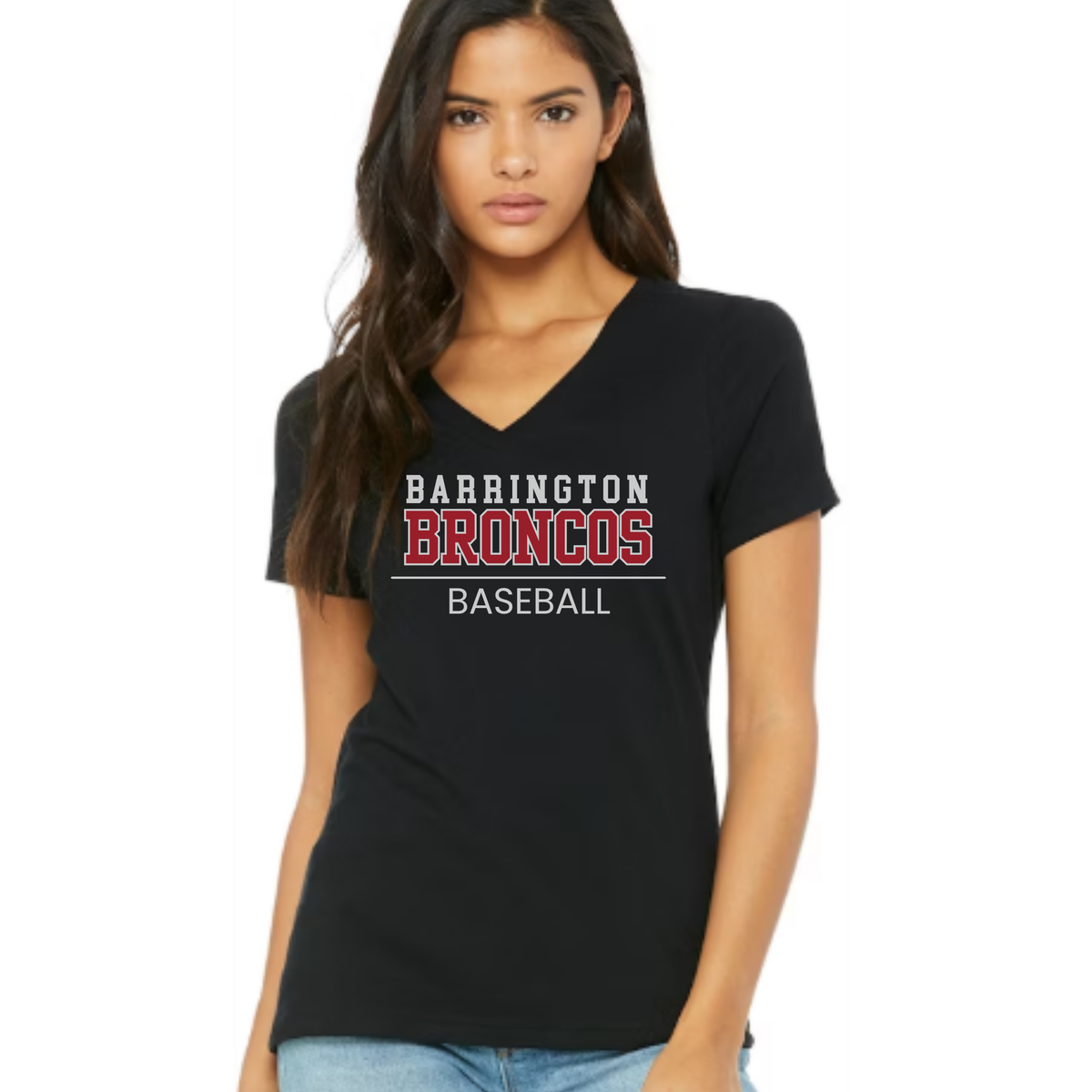 Woman wearing a black t-shirt with 'Barrington Broncos Baseball' text