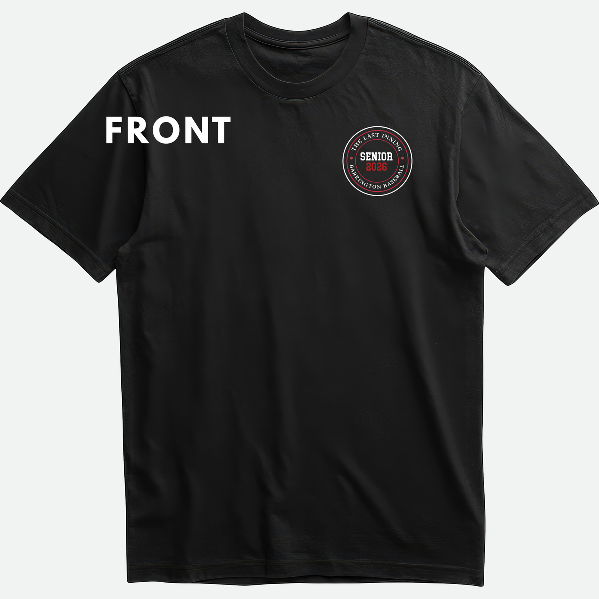 Black t-shirt with a circular logo and text on a white background