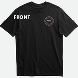 Black t-shirt with a circular logo and text on a white background
