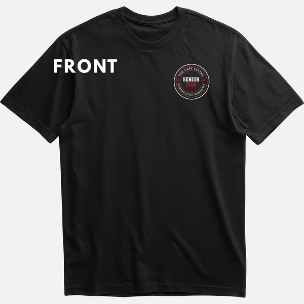 Black t-shirt with a circular logo and text on a white background
