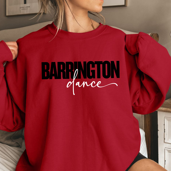 Person wearing a red sweatshirt with 'Barrington Dance' text
