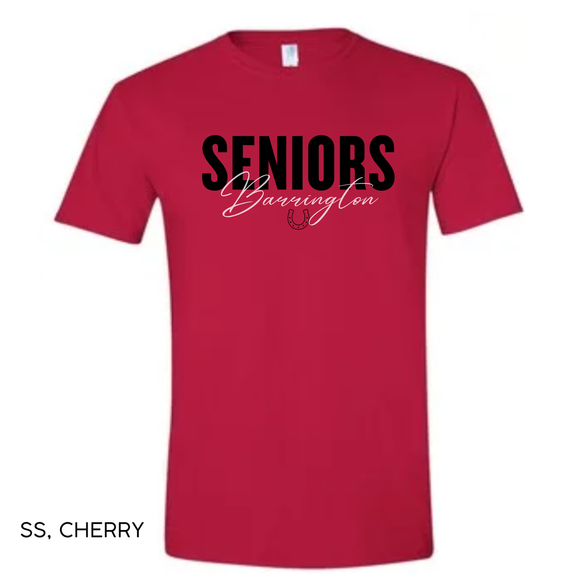 A red short-sleeve crewneck t-shirt with 'SENIORS' printed in black block letters and 'Burrington' in white cursive script across the chest, shown on a white background with 'SS, CHERRY' text in the lower-left corner.