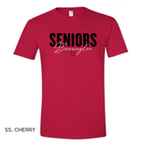 A red short-sleeve crewneck t-shirt with 'SENIORS' printed in black block letters and 'Burrington' in white cursive script across the chest, shown on a white background with 'SS, CHERRY' text in the lower-left corner.