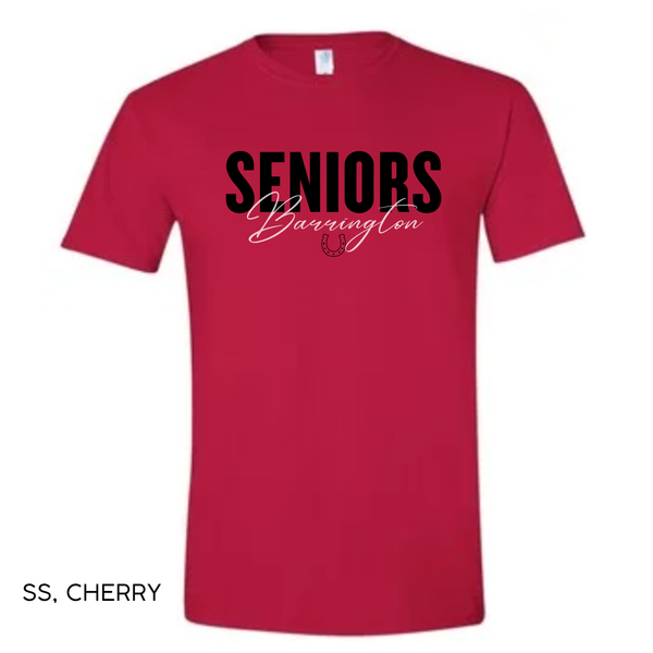 A red short-sleeve crewneck t-shirt with 'SENIORS' printed in black block letters and 'Burrington' in white cursive script across the chest, shown on a white background with 'SS, CHERRY' text in the lower-left corner.