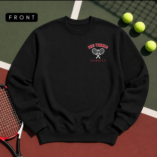 A photo of a black sweatshirt with "BHS TENNIS VARSITY" written on the left front pocket.