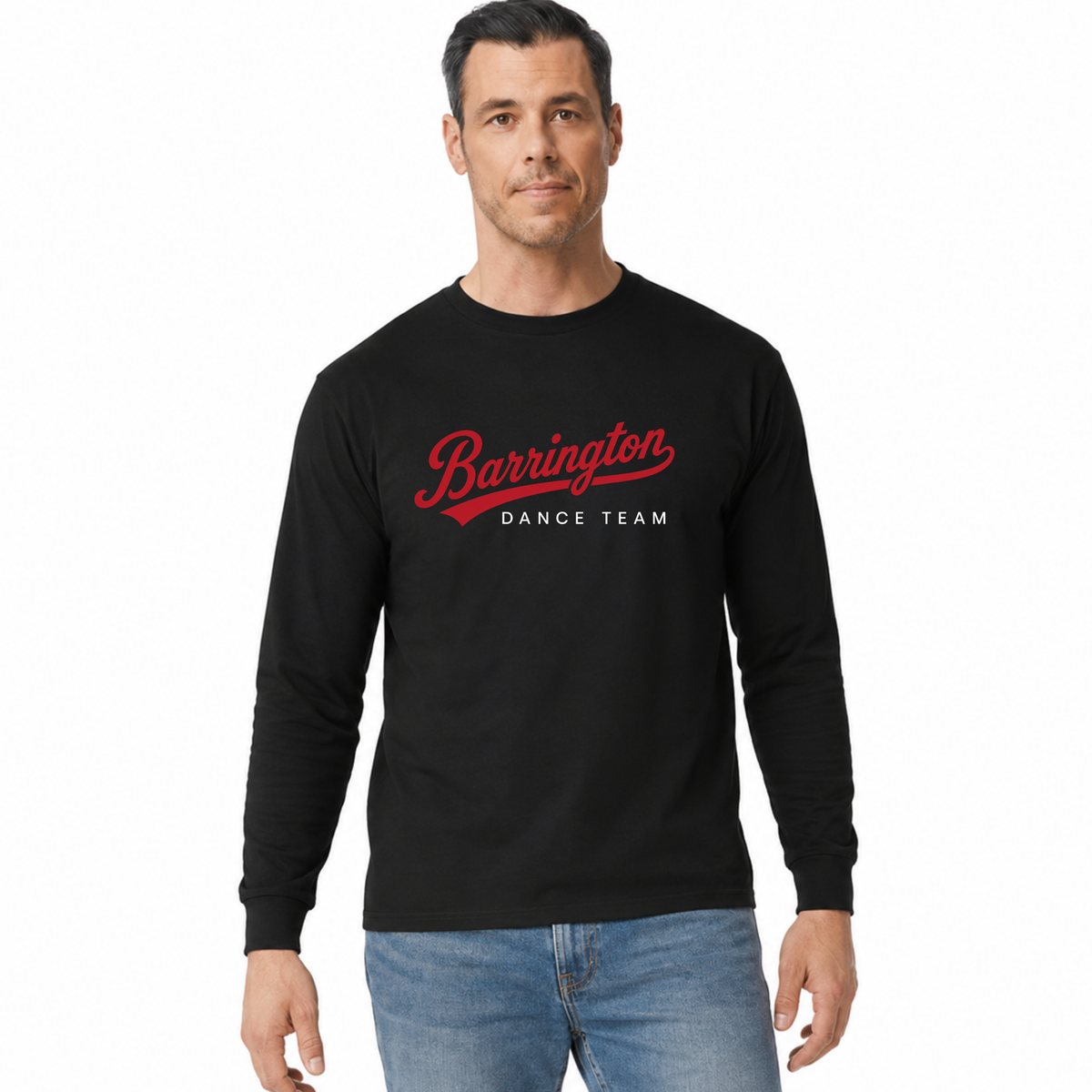 A man wearing a black long-sleeve t-shirt with 'Barrington DANCE TEAM' printed in red and white on the chest, paired with blue jeans, against a plain white background.