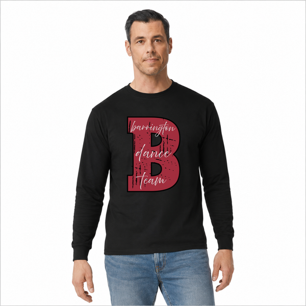 A man wearing a black long-sleeve t-shirt with a red and pink graphic of a letter 'B' and the words 'Barrington dance team' on the front, paired with blue jeans, against a plain white background.