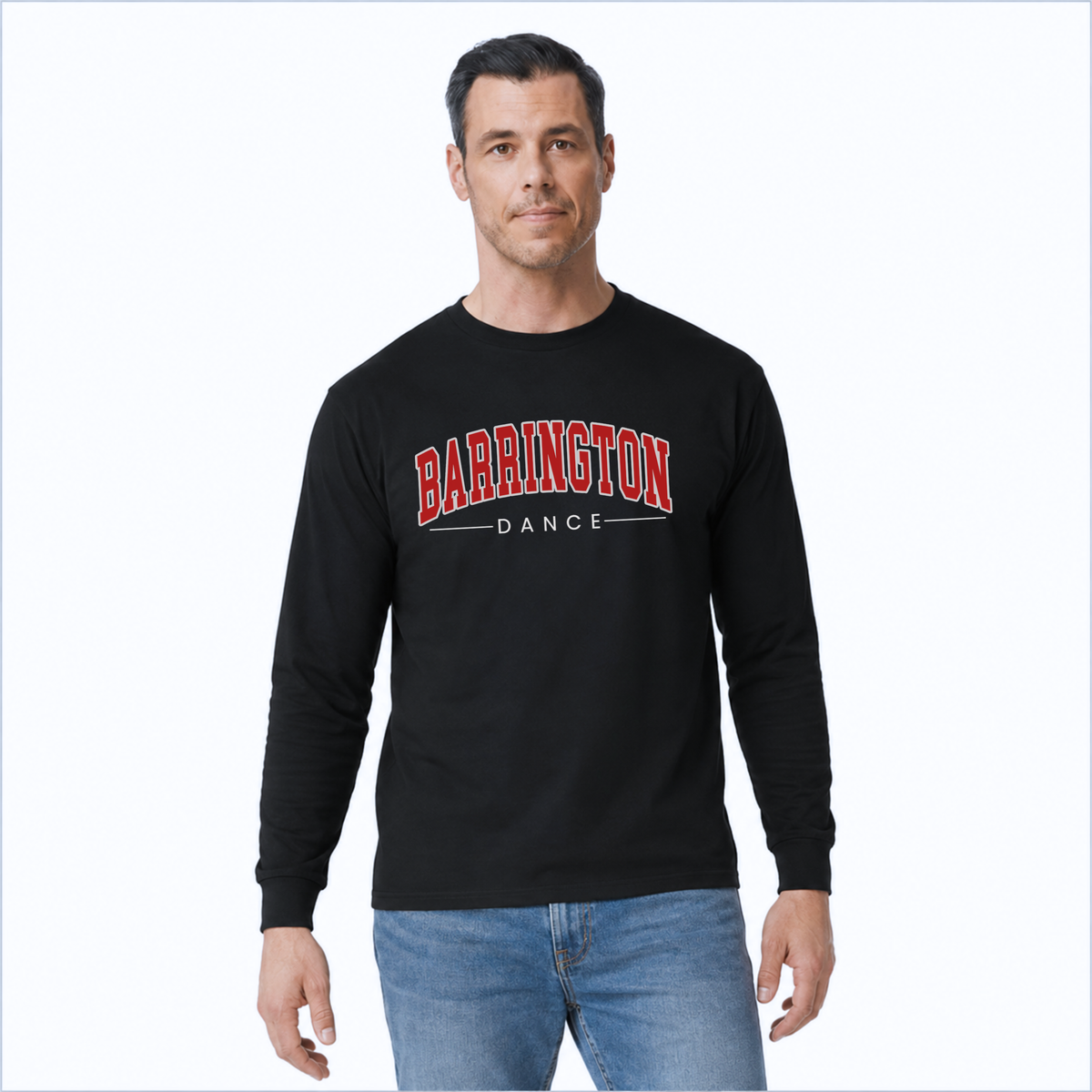 A man wearing a black long-sleeve t-shirt with 'BARRINGTON DANCE' printed in red and white on the chest, paired with blue jeans, against a plain white background.
