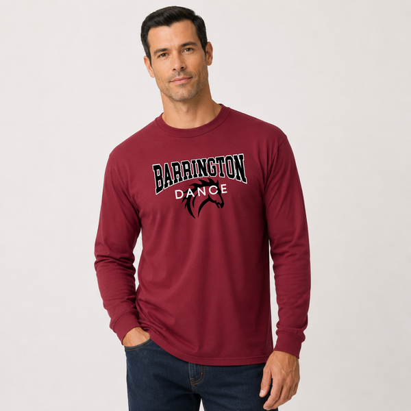 A man wearing a maroon long-sleeve t-shirt with 'BARRINGTON BRONCETTES' printed in black and white on the chest, paired with dark blue jeans, against a light gray studio background.