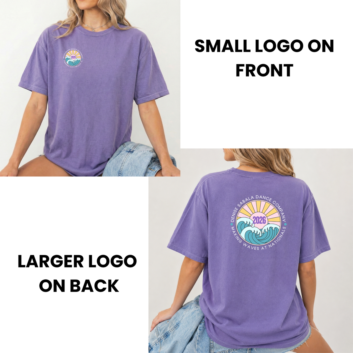 Purple t-shirt with a smaller logo on the front and a larger logo on the back, worn by a person.