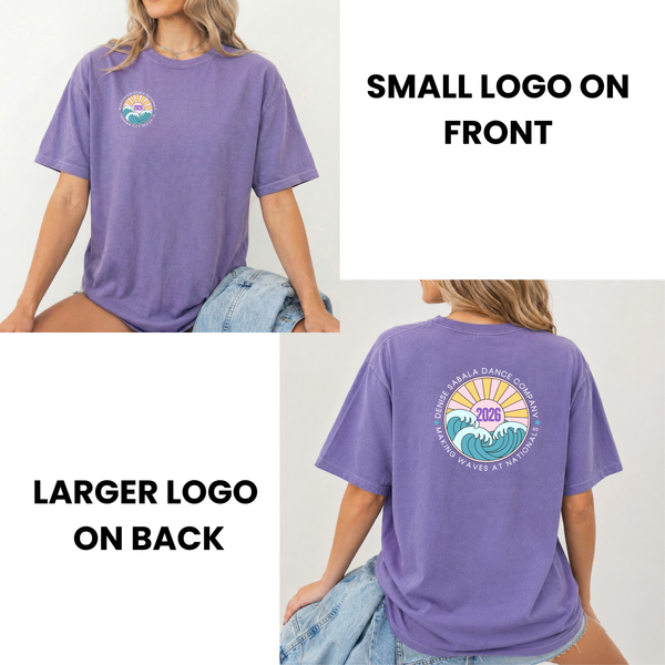 Purple t-shirt with a smaller logo on the front and a larger logo on the back, worn by a person.