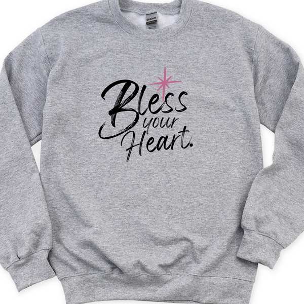 Gray sweatshirt with 'Bless your Heart' text on a white background