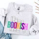 Gray sweatshirt with 'BOOKISH' colorful text and book illustrations on a white background